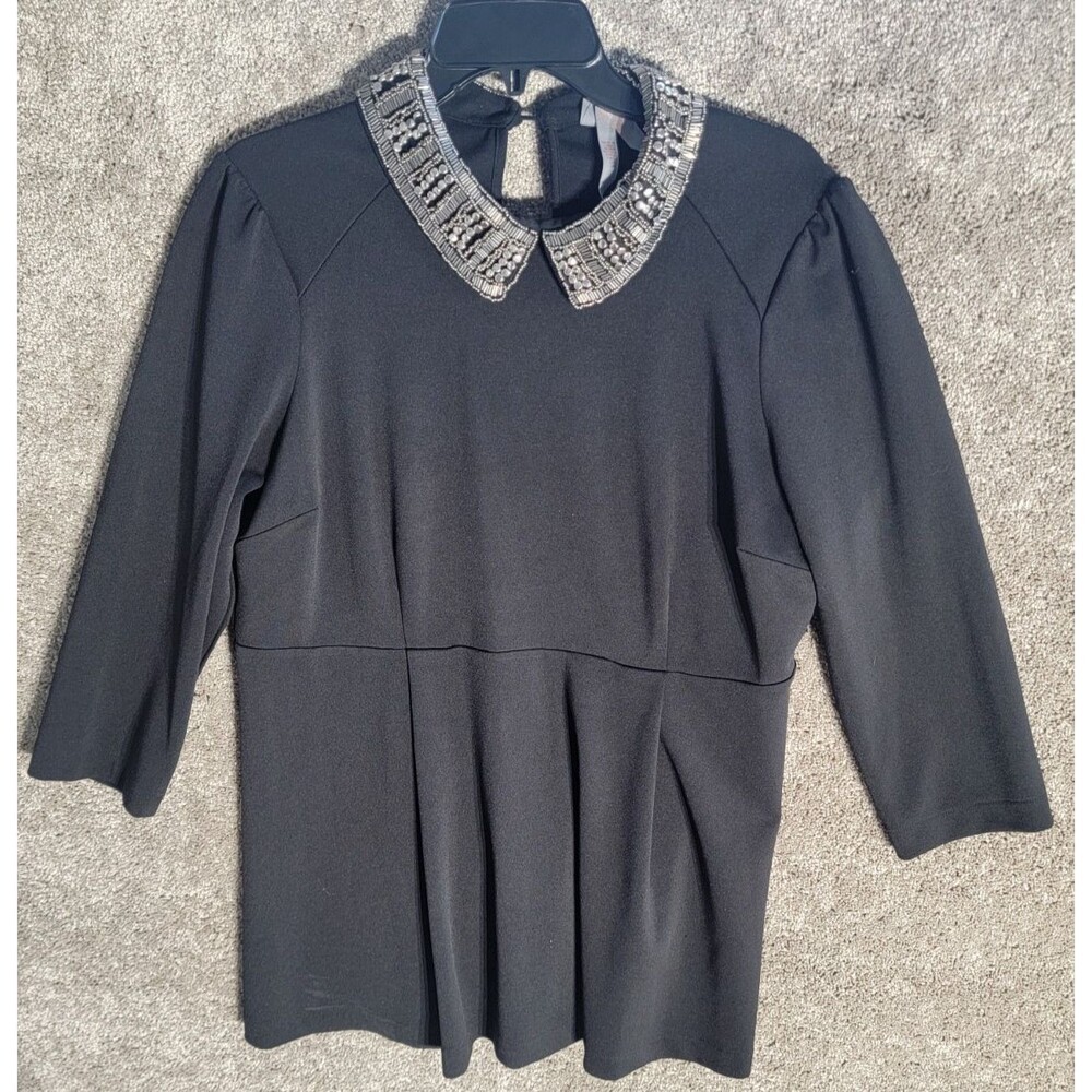 Melissa McCarthy Seven 7 Women's Black Tunic Babydoll Top Beaded Collar Size L